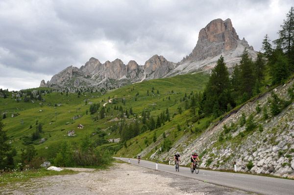Giau Pass is popular with fit cyclists and is the steepest of the 7 passes that make up the Maratona dles Dolomites bicycle race