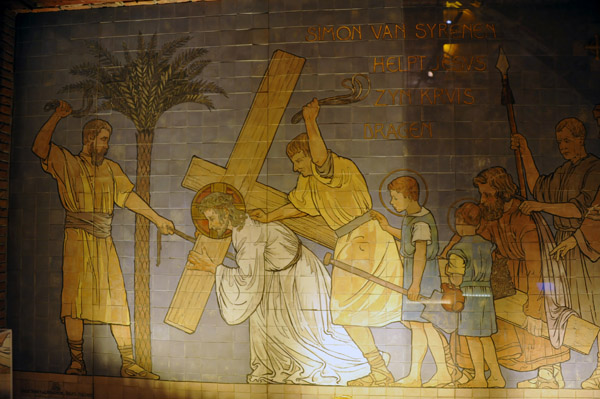 Delft tile wall of Simon Helping Jesus Carry His Cross