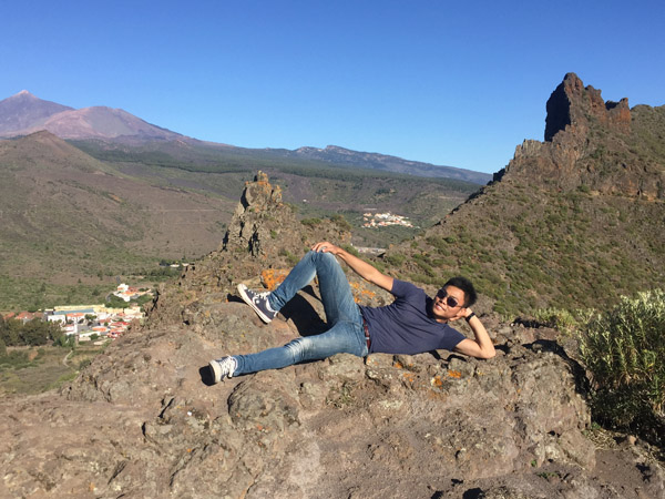 Max posing with Pico del Teide, Mirador de Cherfe, Tenerife