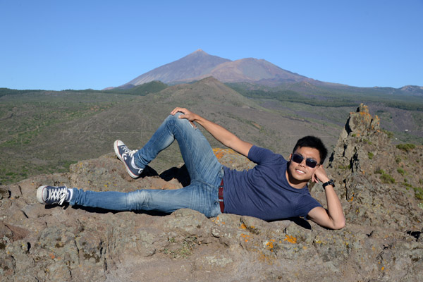 Max posing with Pico del Teide, Mirador de Cherfe, Tenerife