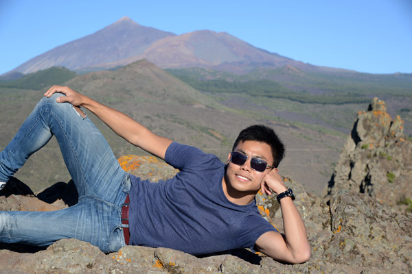 Max posing with Pico del Teide, Mirador de Cherfe, Tenerife