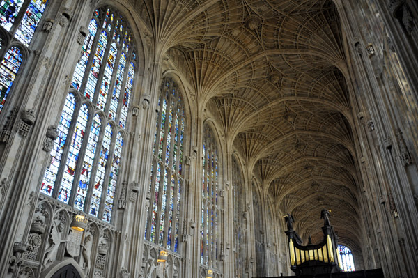 Stained glass and the famous fan vaulting of King's Chapel, Cambridge
