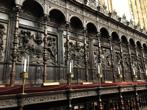Ornately carved choir, King's College, Cambridge