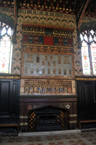 Alabaster and tile fireplace, Old Hall, 1860s