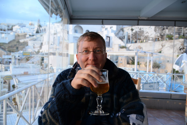 Enjoying a locally brewed Volkan Santorini Blonde