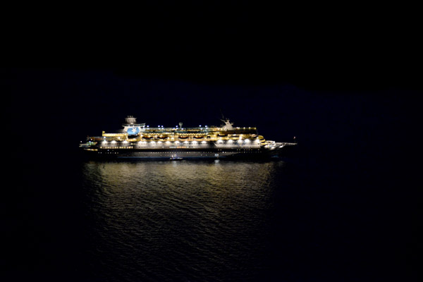 Cruise ship inside the caldera of Santorini at night
