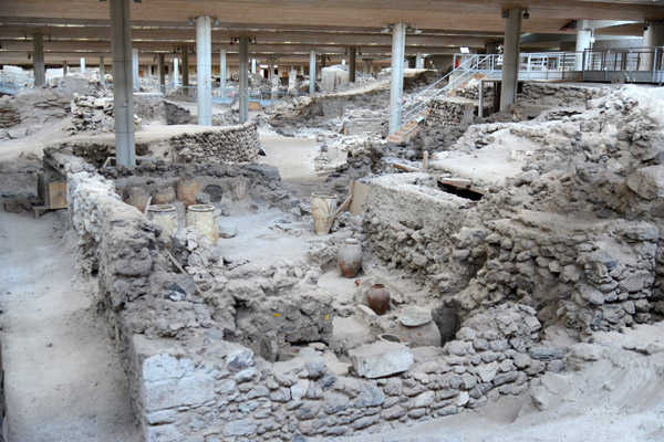 Ruins of Prehistoric Akrotiri with ancient pottery