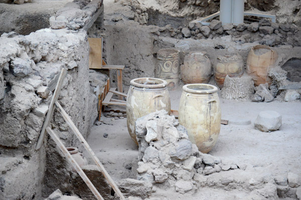 Pottery vessels in situ at Prehistoric Akrotiri