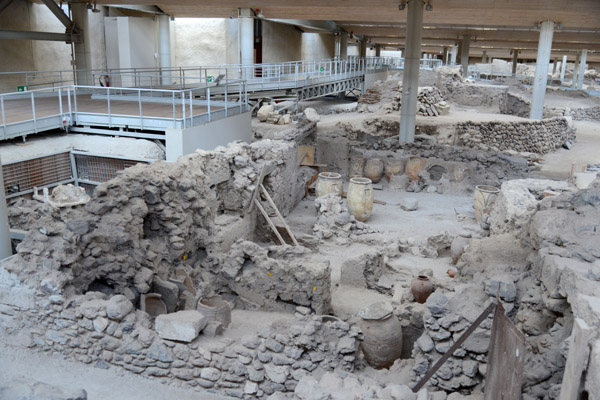 Ruins of Prehistoric Akrotiri with ancient pottery