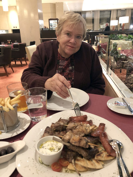 Mom with mixed grill at the InterContinental, Athens