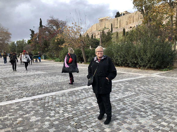 Mom at the Acropolis after sleeping through most of the layover