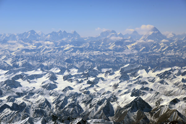 Karakoram Mountains with K2 on the far right side, seen from the north