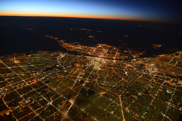 Detroit and Windsor, Ontario, at night