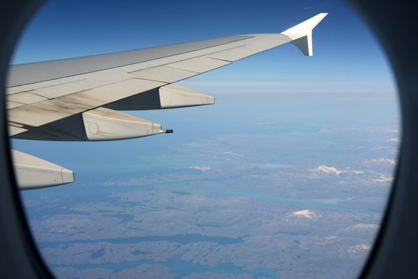 Flying over Greenland in an Emirates A380 on the way to Greenland in 2013