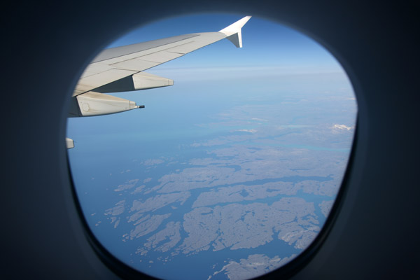 Flying over Greenland in an Emirates A380 on the way to Greenland in 2013