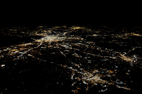 Boston, Massachusetts at night from over southern New Hampshire