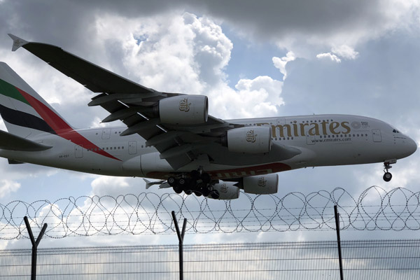 Emirates A380 (A6-EDT) landing at Manchester