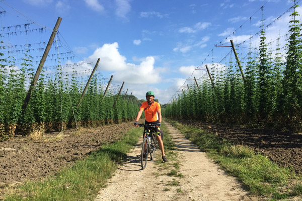 Keith in his element cycling among the Bavarian hops