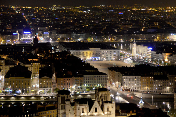 The huge Place Bellecour at night from the Fourvière Hill