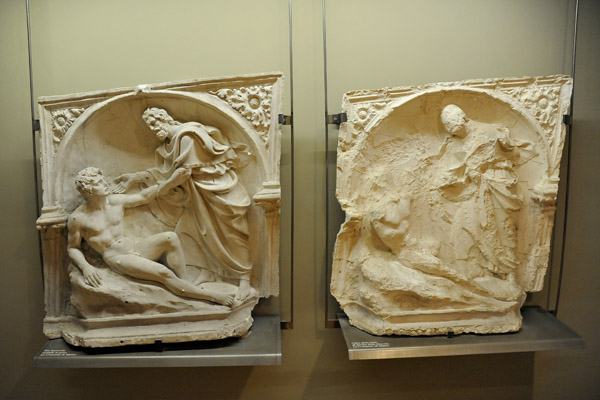 Copy and original carving of the Creation of Adam from the Fonte Gaia