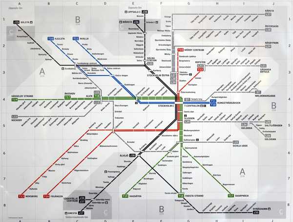 Map of the Stockholm metro - Stockholms tunnelbana, the first line opened in 1950