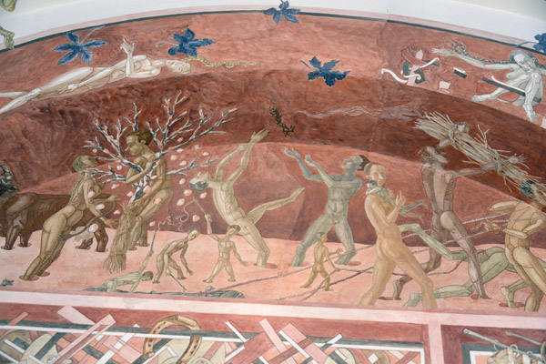 Petras Repys The Seasons: Christmas - Blukis (Yule Log) pulled by men and whipped by children and men shaking an apple tree,