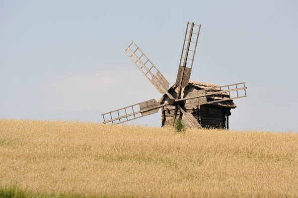 Windmill from the village of Vilshan behind a grassy slope, Pyrohiv