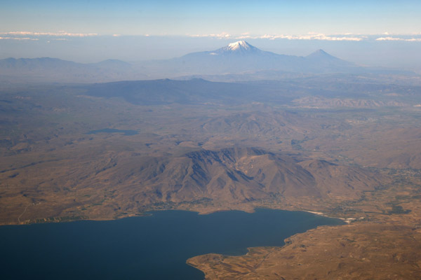 A portion of Lake Van, Turkey, with Mount Ararat in the distance