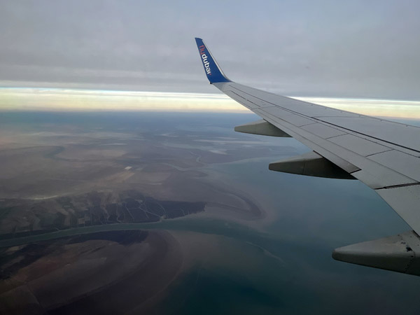 FlyDubai crossing over the Gulf at the mouth of the Shatt al-Arab
