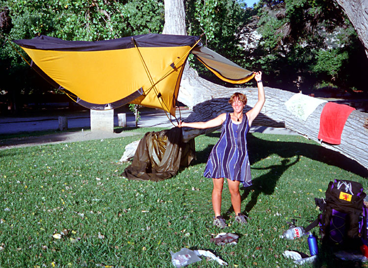 1998 PCT South California Martina dries the tent somewhere near Aqua Dulce