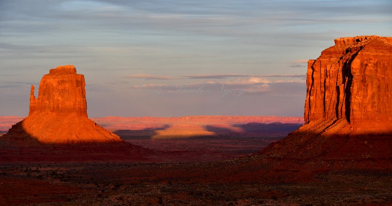 East Mitten Butte and Merrick Butte at Sunset, Monument Valley, Navajo Tribal Park, Navajo Nation, Arizona 735 