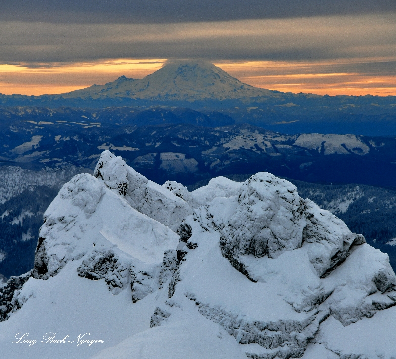 Three Fingers Lookout on Three Fingers and Mount Rainier at Sunset, Washington 1820  