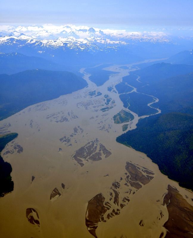 Stikine River, Cottonwood Island, Limb Island,  Castle Mountain, Le Conte Glacier, Summit Glacier, Mount Basargin, Popof Glacier