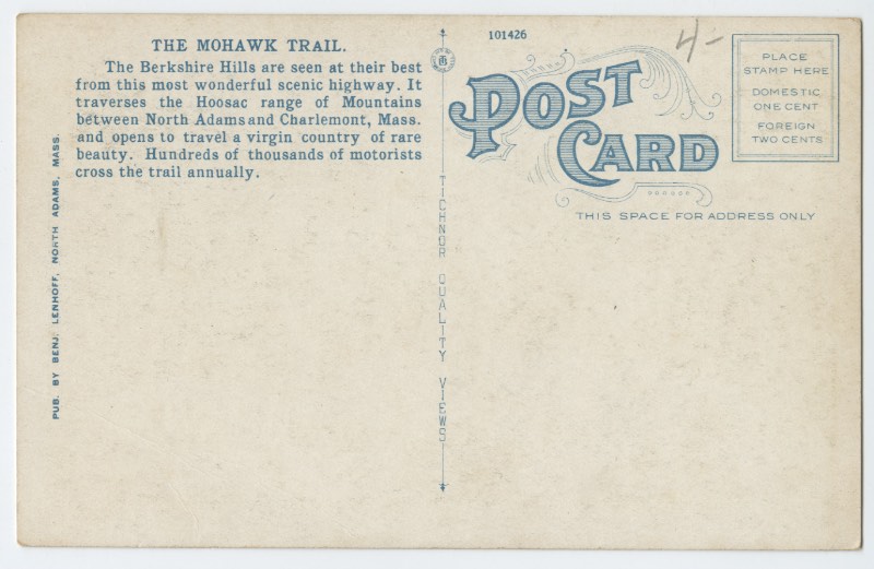 Entrance to Mohawk Trail. reverse 