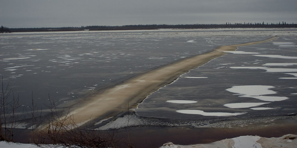 Ice on surface of the Moose River at Moosonee November 20th at dusk