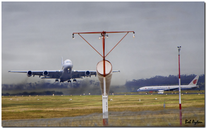 A380 Leaves in a cloud of smoke.