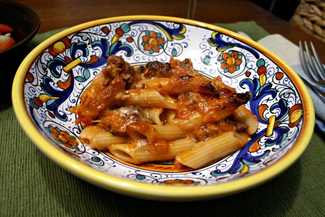 Baked Ziti with tomato, mozzarella and sausage