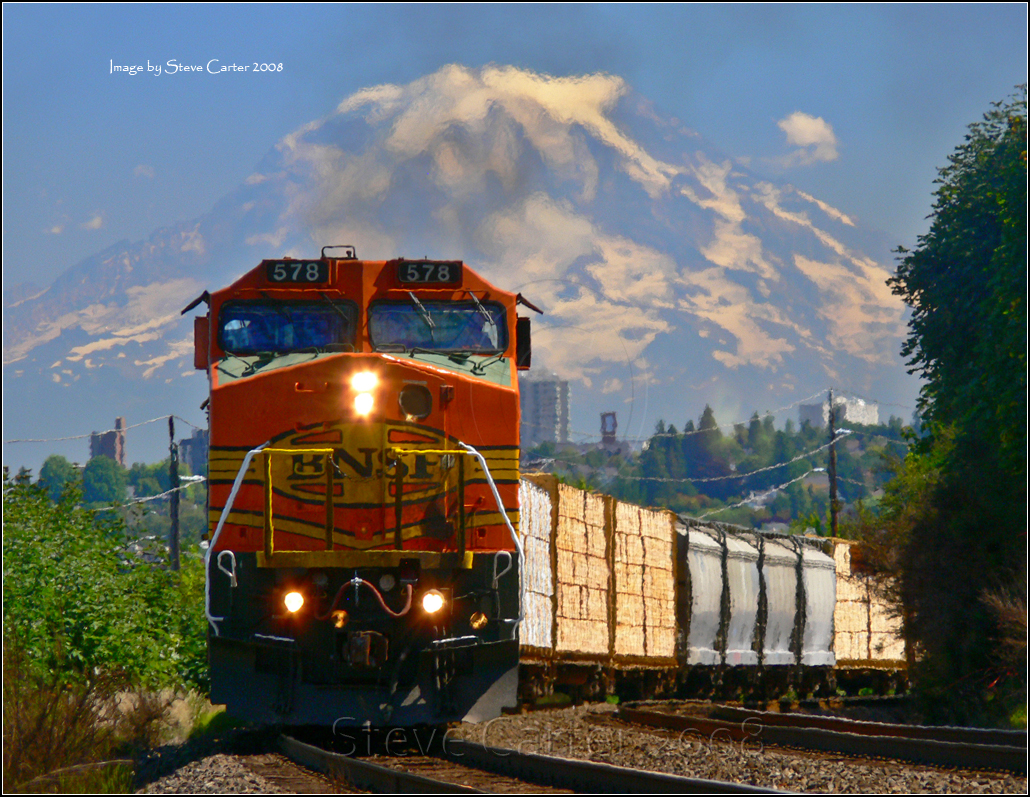 Mt. Rainier over a BNSF freight