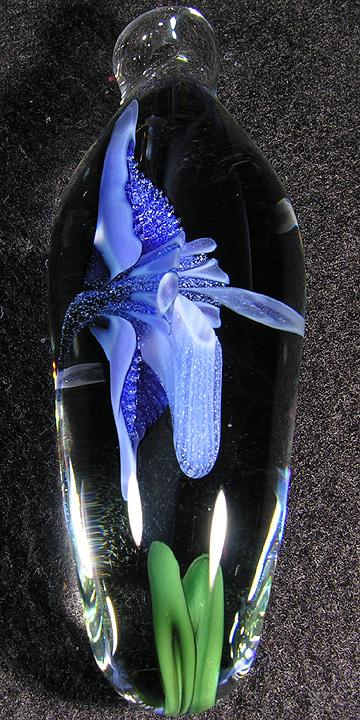 Johns signature slipper orchid, made with the gorgeous blue blizzard glass.  Now in pendants, woohoo!