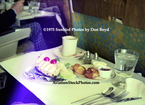 1975 - inflight dining on National Airlines in first class - coffee with breakfast appetizer of pineapple and rolls