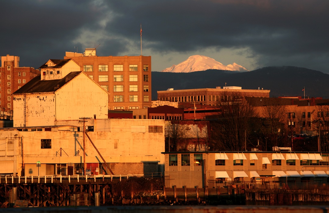 Mount Baker behind downtown Bellingham.