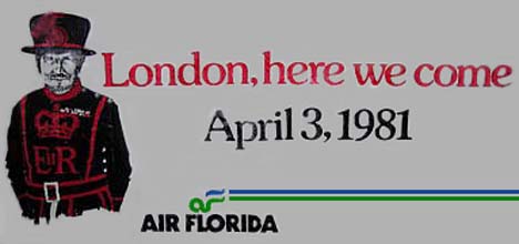 1981 - Air Florida poster announcing new service to London (Gatwick) starting April 3, 1981