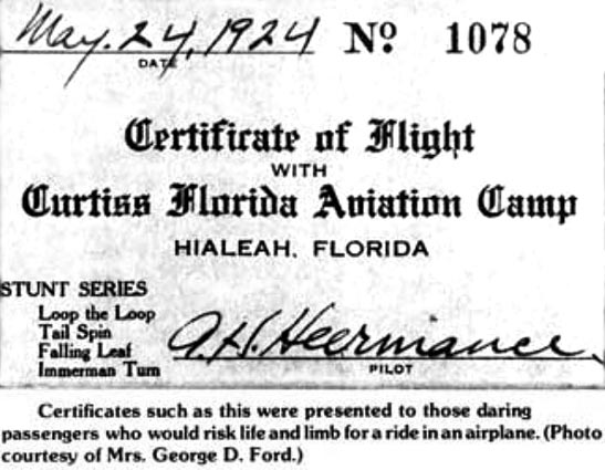 1924 - Certificate of Flight for pilot Andrew H. Heermance at the Curtiss Florida Aviation Camp, Hialeah