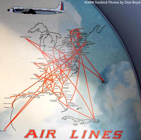 2008 - EAL route map on bulkhead of the Historical Flight Foundations restored Eastern Air Lines DC-7B N836D stock photo #10021