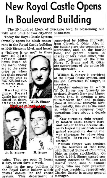 1948 - article about William D. Singer, the new Royal Castle building and Stones Liquors and Bars