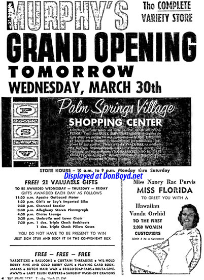 1960 - ad for the grand opening of G. C. Murphys at the Palm Springs Village Shopping Center on March 30th