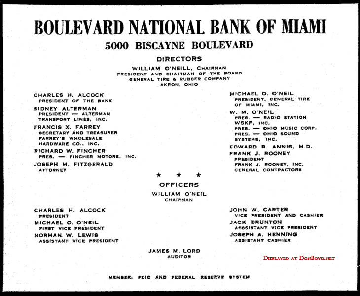1959 - ad for Boulevard National Bank of Miami with the directors and executives listed
