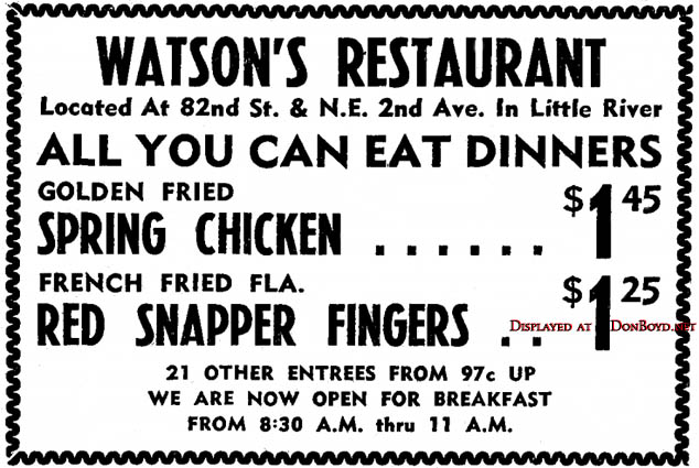 1960 - ad for Watsons Restaurant in Little River at N. E. 2nd Avenue and 82nd Street