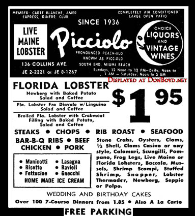 1963 - ad for Picciolos Italian Restaurant on Miami Beach