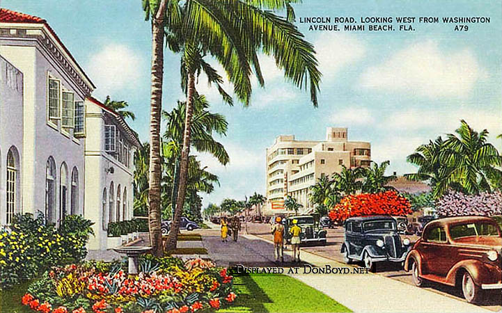 1940s - Lincoln Road, viewed to the west at Washington Avenue, Miami Beach